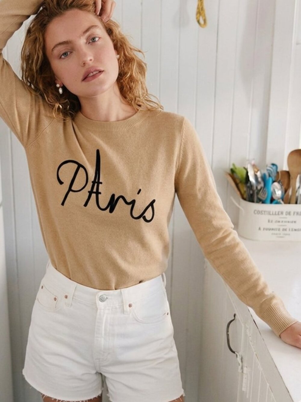 LOFT Paris Embroidered Beige Cotton Sweater Size M
